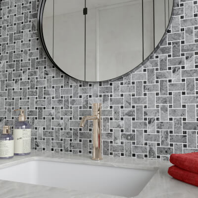 Silver Dark Grey - Black Basketweave Marble Mosaic Tile - Polished Silver Dark Grey - Black Basketweave Marble Mosaic Tile - Polished